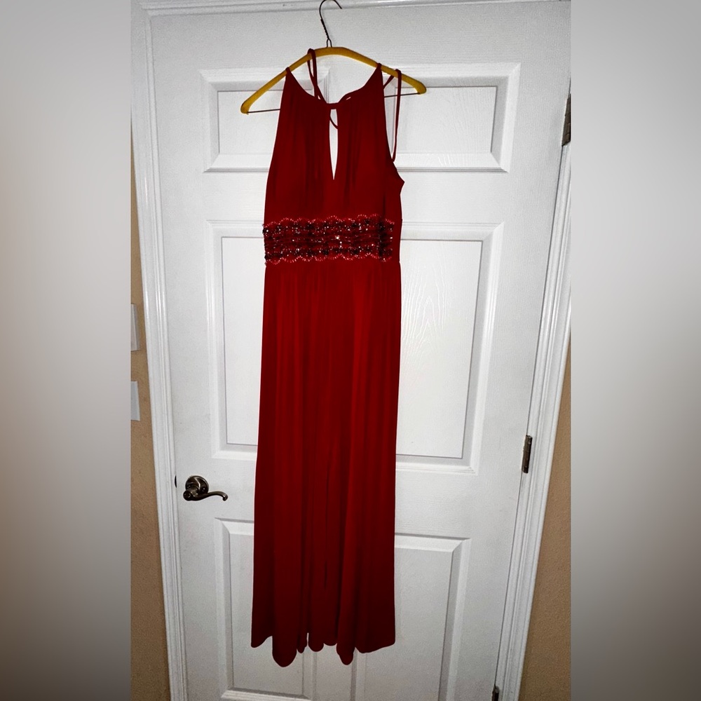 Red halter evening long gown